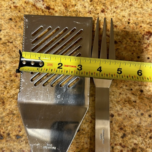 TWO GRILL TOOLS- STAINLESS STEEL WITH BLACK HANDLES- KNIFE EDGE SPATULA AND FORK - Picture 8 of 8